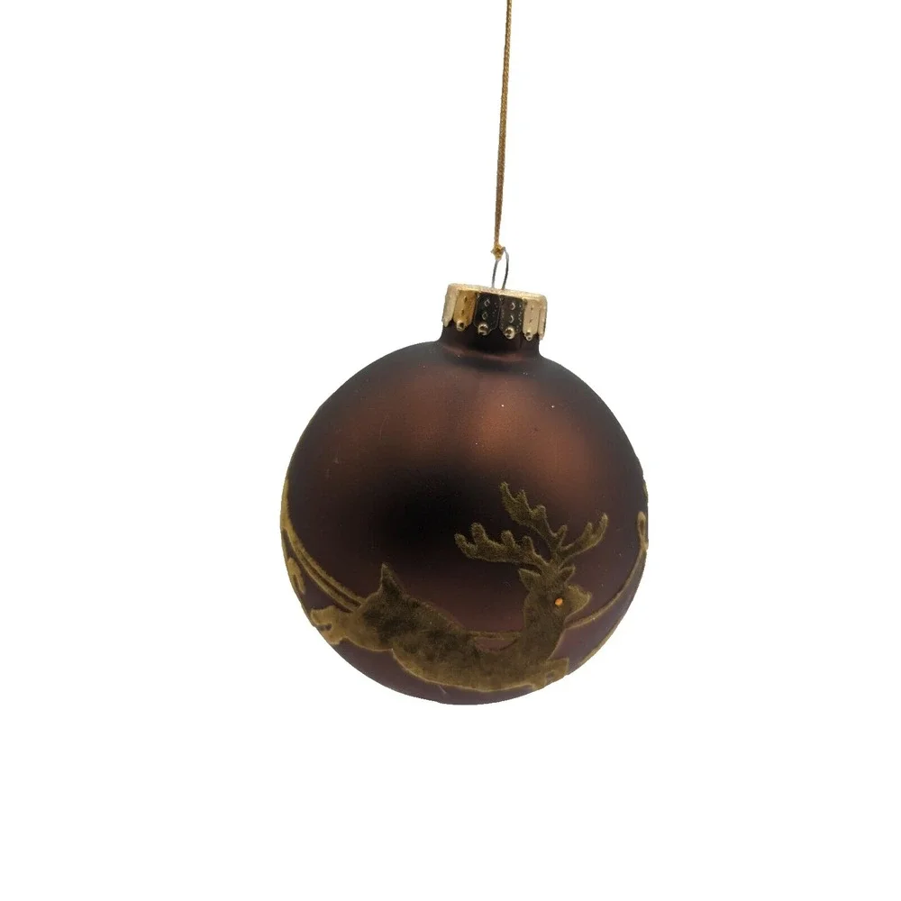 Large brown glass ball Christmas ornament flocked reindeer Santa's sleigh